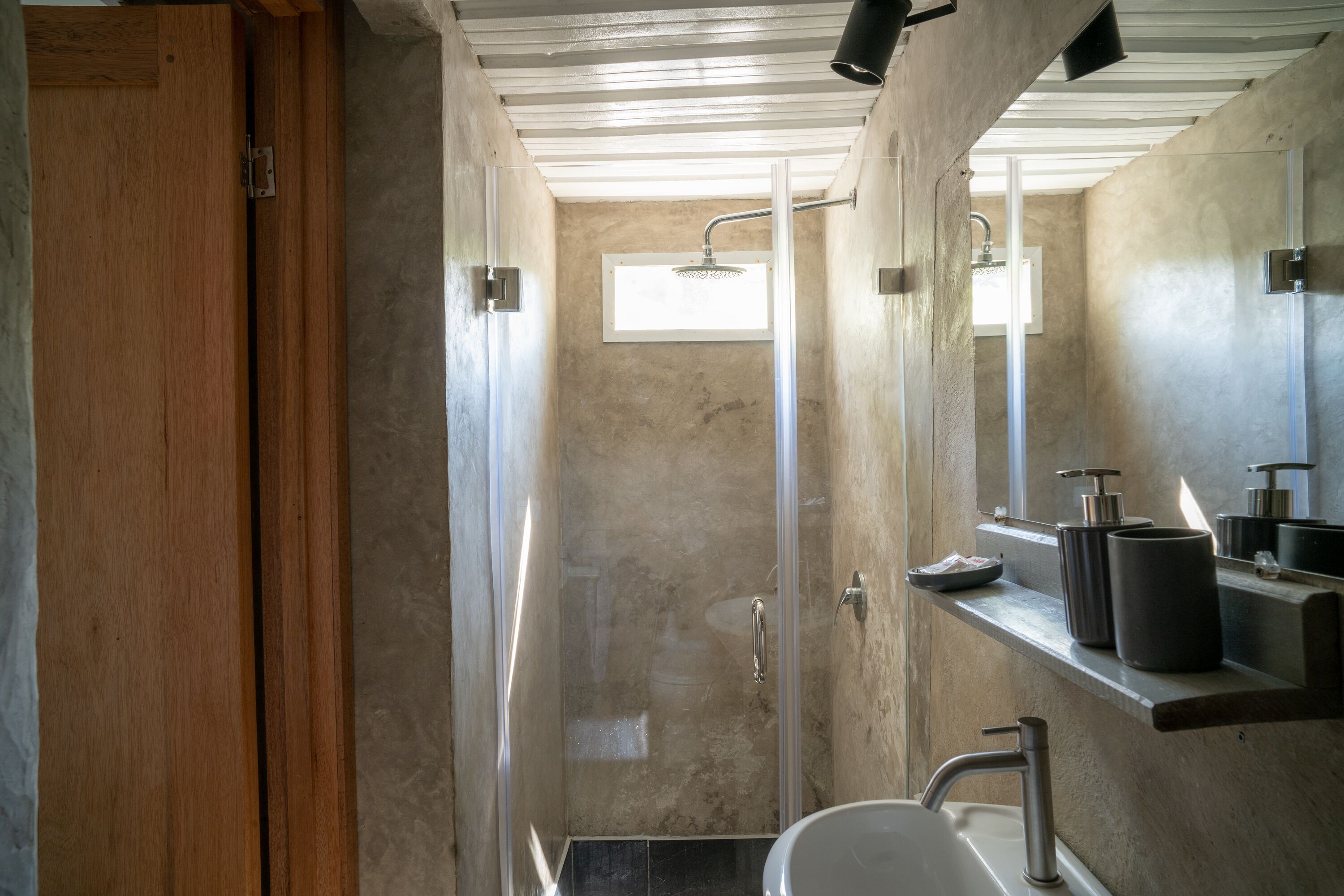 A modern bathroom with a glass-enclosed shower, a wooden door, and a sink with a mirror above it.
