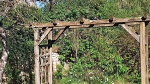 A wooden pergola in a garden with a yellow object and a black object on the grass.