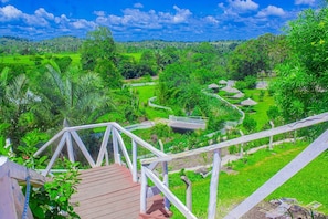 A lush green landscape with a wooden deck and a white fence. - Mimosa Park and Island Camp  (Sagana)