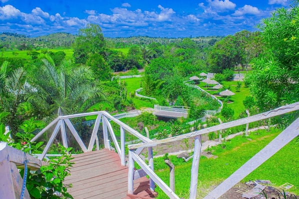 A lush green landscape with a wooden deck and a white fence.