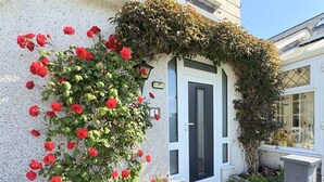 Een gebouw met een witte deur, een klein raam en een muur begroeid met klimplanten.
