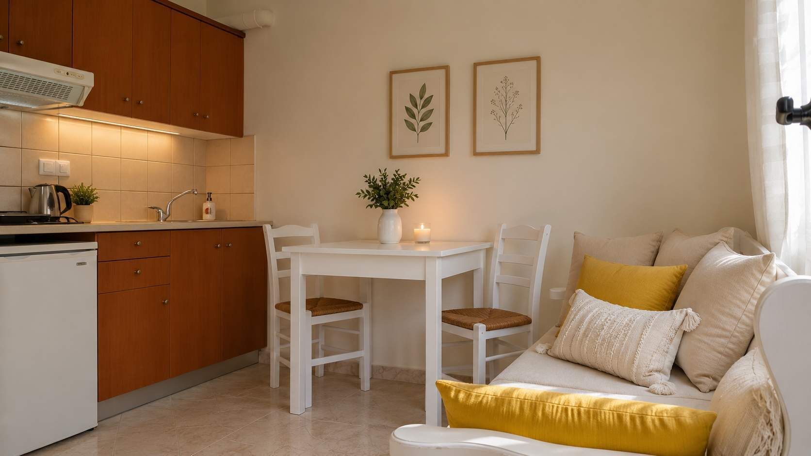 Een compacte keuken met houten kastjes, een wit aanrechtblad en een eethoek met een tafel en stoelen.