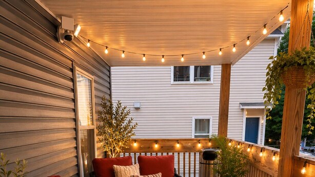 A covered outdoor seating area with a wooden table, red and blue sofas, and string lights. - Welcome to The Woven Nest Near NYC  (Paterson)