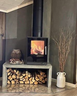Una llar de foc moderna amb una xemeneia negra, una pantalla de televisió que mostra un foc i un bruixot decoratiu.