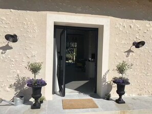 Entrada de un edificio con puerta, plantas en macetas y felpudo.