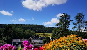 A house with a sloped roof, surrounded by a forested hillside and a clear blue sky. - Apartment 'Ferienwohnung am Golfplatz' Fewo A with Mountain View, Balcony and Wi-Fi (Willingen)