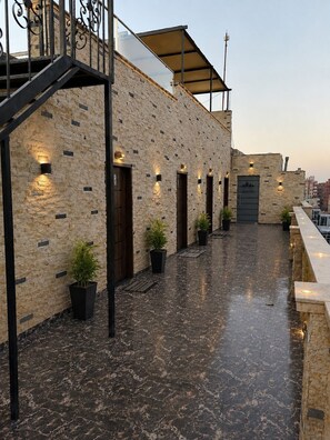 Terraço no telhado com parede de pedra, plantas em vasos e escada de metal.