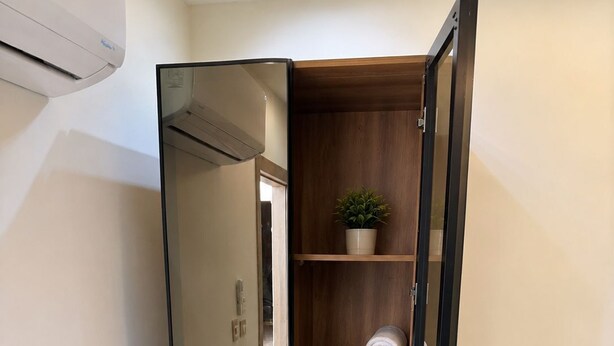Un pasillo estrecho con un armario de madera, una planta en maceta y toallas enrolladas.