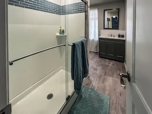 A modern bathroom with a glass shower enclosure, a walk-in bathtub, a vanity with a mirror, and a towel rack.
