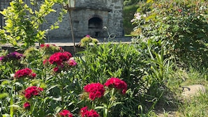 A stone building with a rustic appearance, surrounded by lush greenery and vibrant flowers. - Charming Historic House in Provincia di Cuneo, Italia (Mombarcaro)