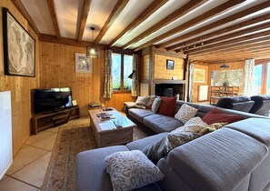 Ein Holzinnenraum mit einer Couch, einem Fernseher und einem Kamin.