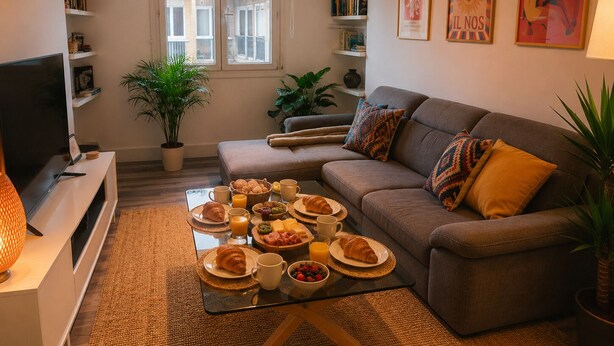 En stue med sofa, sofabord med morgenmad og et tv, samt en bogreol.