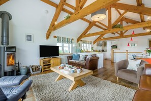 A cozy living room with a fireplace, a television, and a dining area with a kitchen in the background. - 3 Bed in Marhamchurch (oc-h29904) (Marhamchurch)