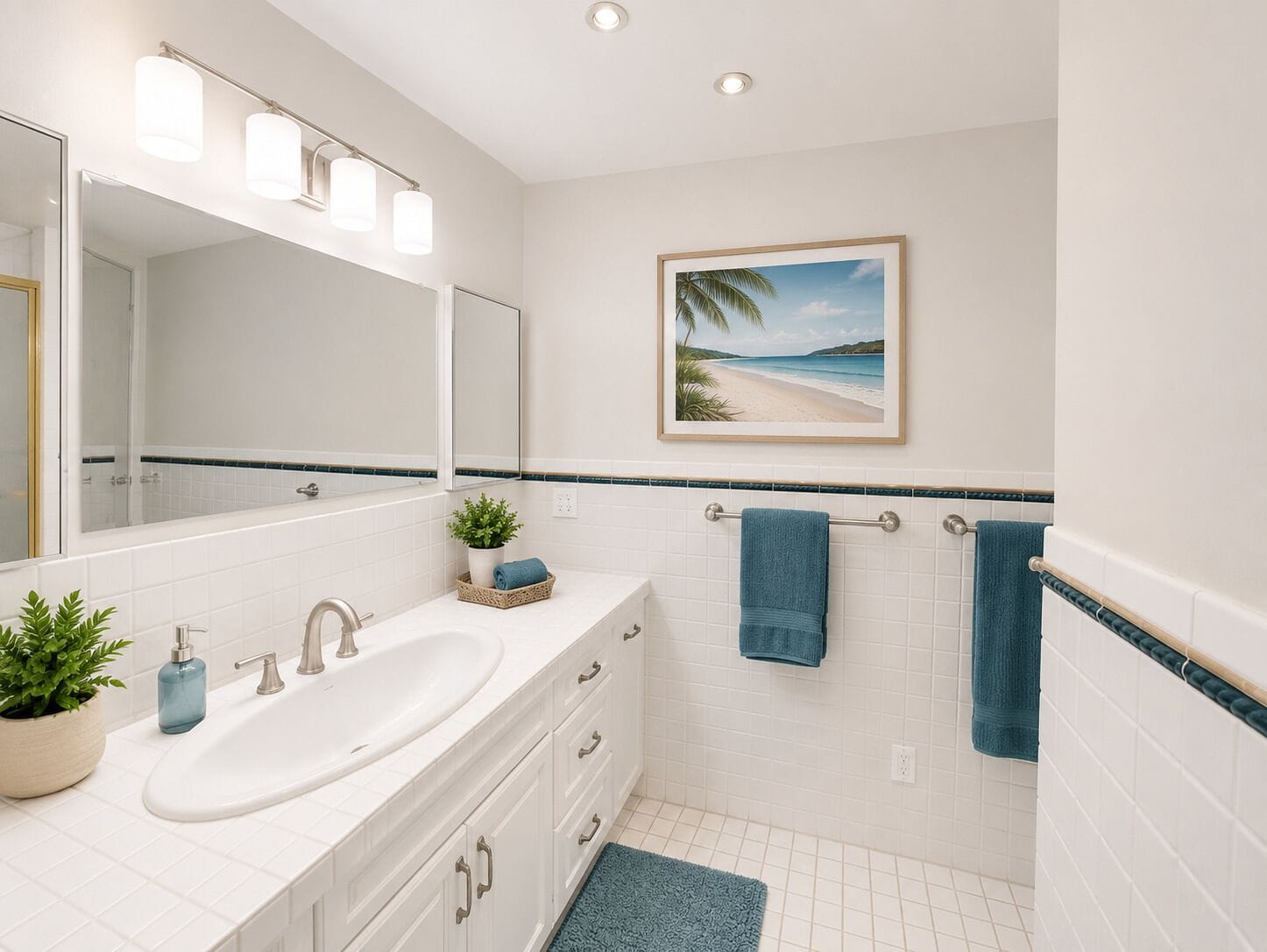 A bathroom with a large mirror, a sink, a towel rack, and a framed picture of a beach.
