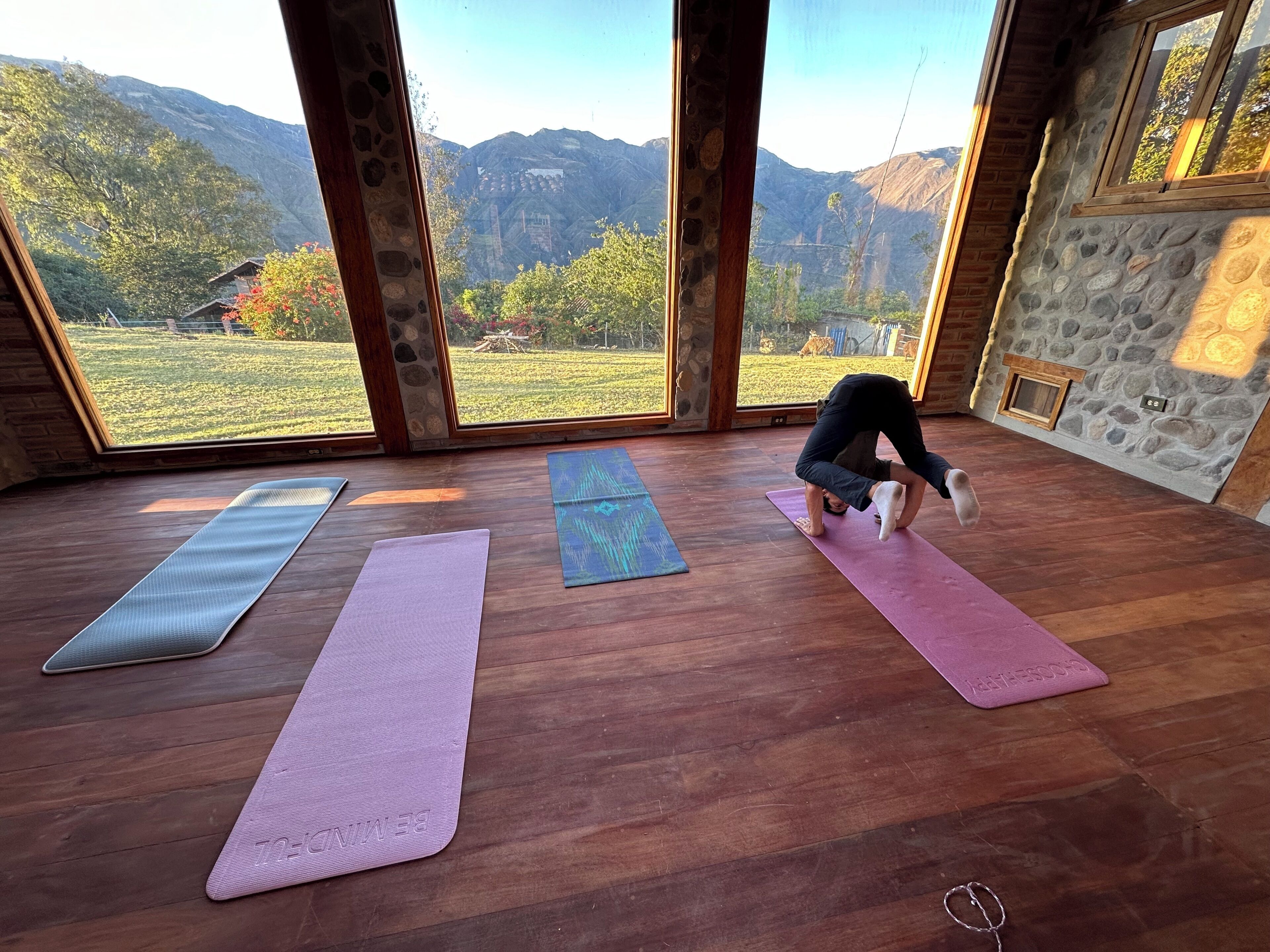 A yoga room with large windows, wooden flooring, and yoga mats.