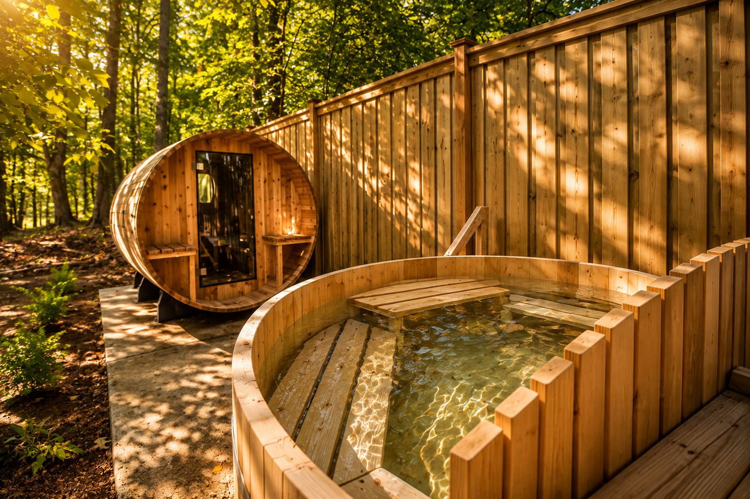 A wooden sauna with a circular design, surrounded by a wooden deck and a forested area.
