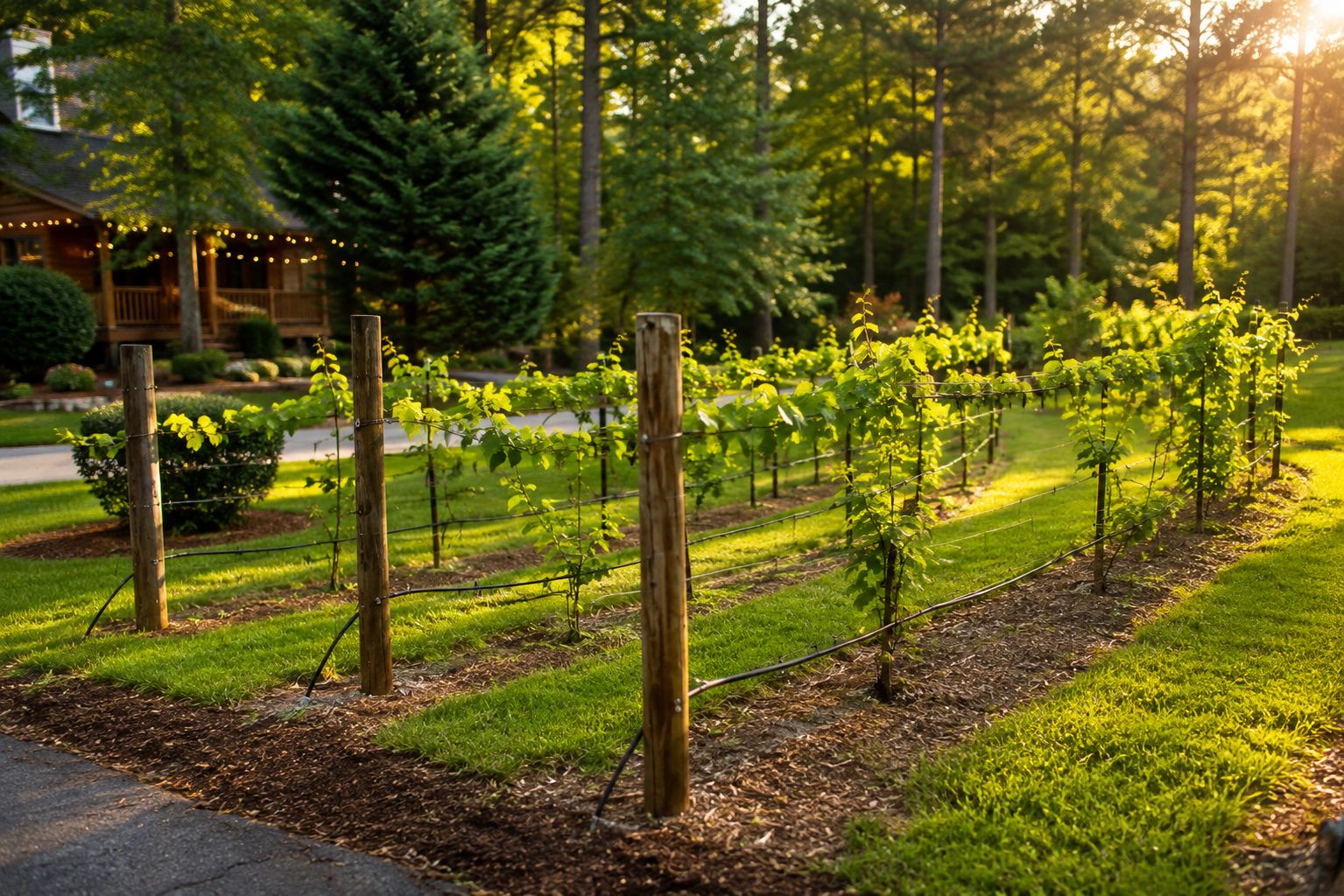 A vineyard with rows of grapevines supported by wooden stakes, a wooden fence, and a well-maintained grassy area.