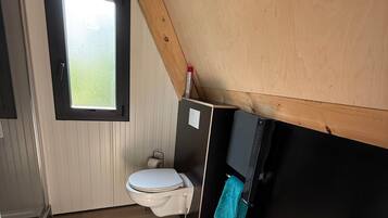 Een kleine badkamer met toilet, wastafel en douche.