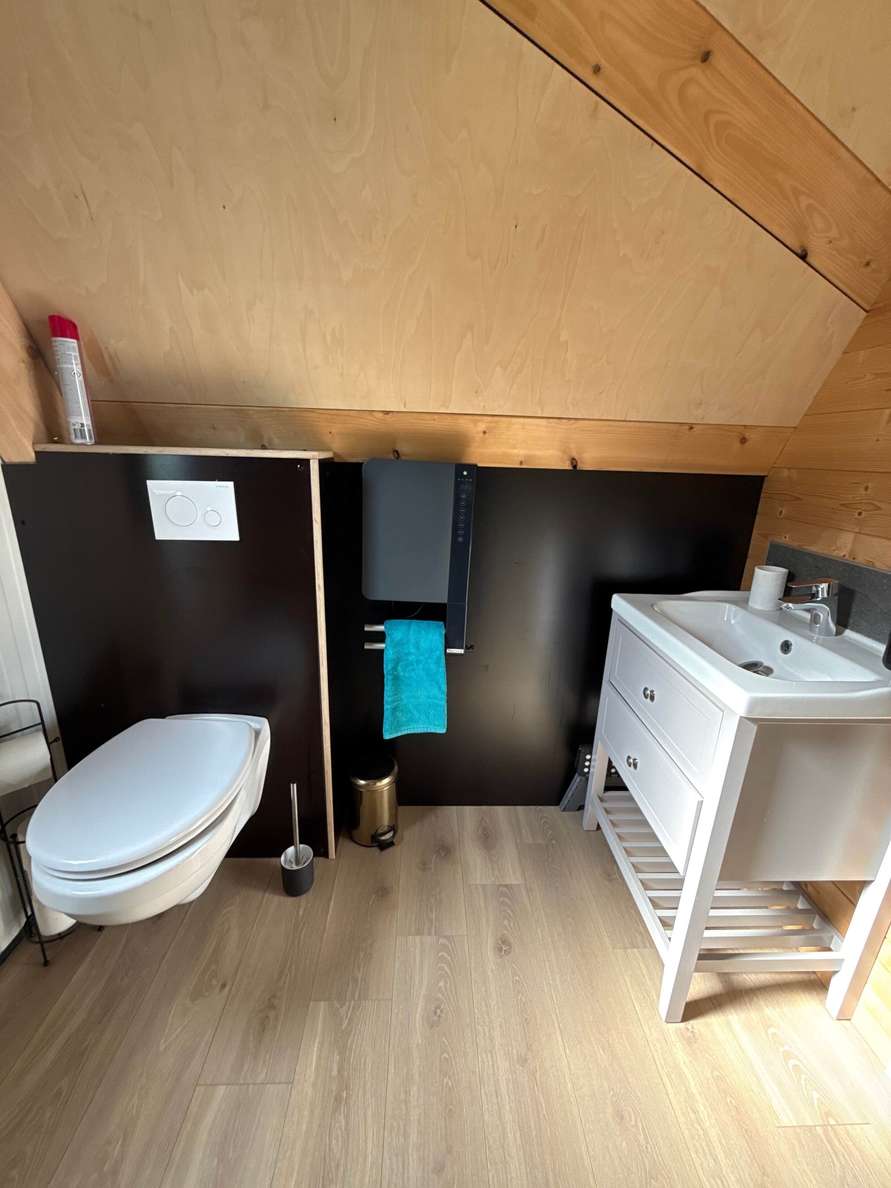 Une salle de bain moderne et compacte, comprenant des toilettes, un lavabo et un meuble de rangement.