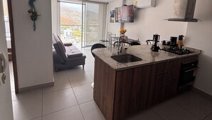 Eine moderne Küche mit einer zentralen Kochinsel, integrierten Geräten und einem großen Fenster.