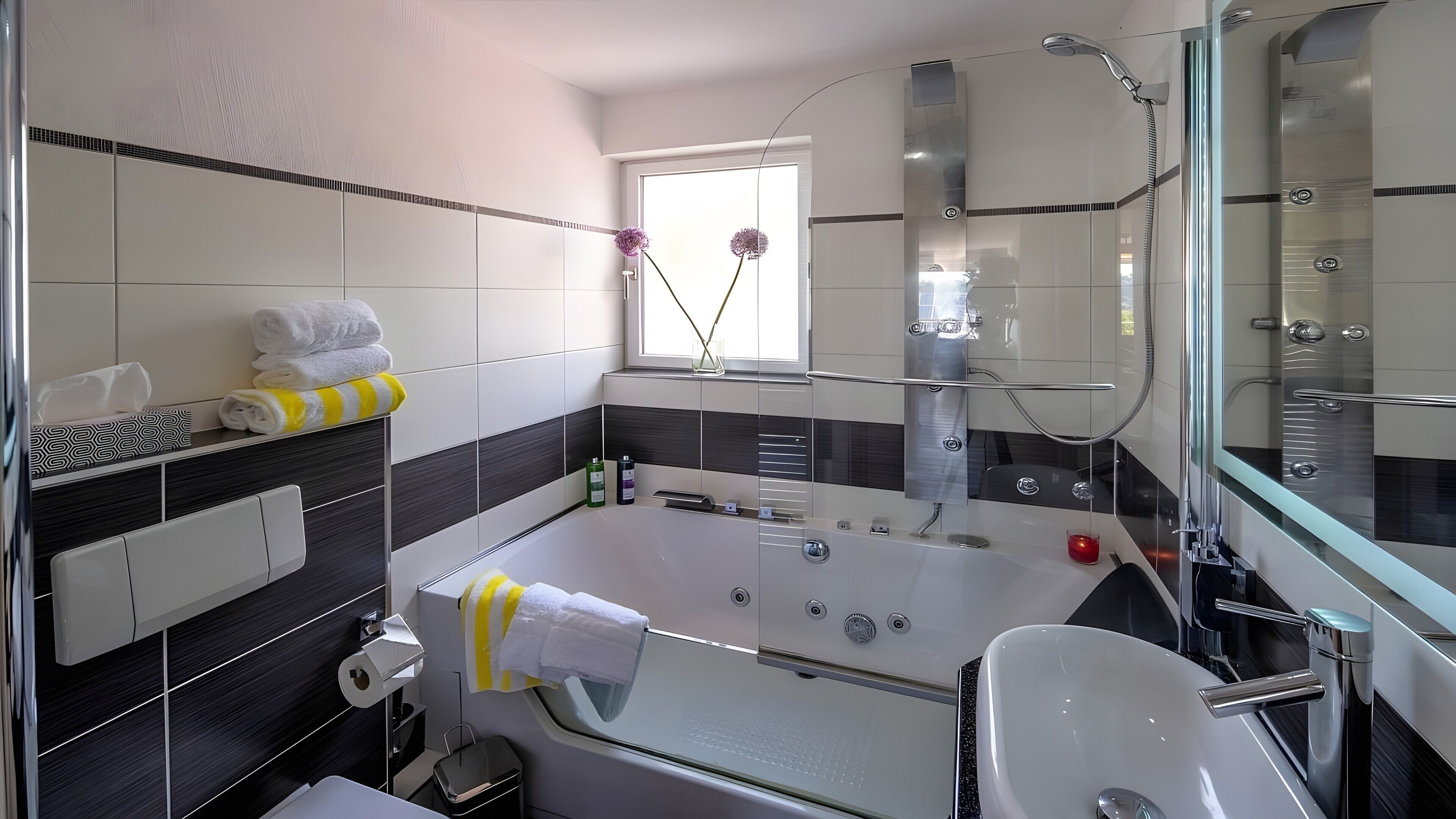 Shower, hair dryer, towels