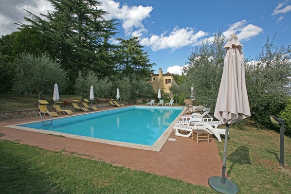 Una piscina rettangolare con bordo piastrellato, circondata da erba e alberi.