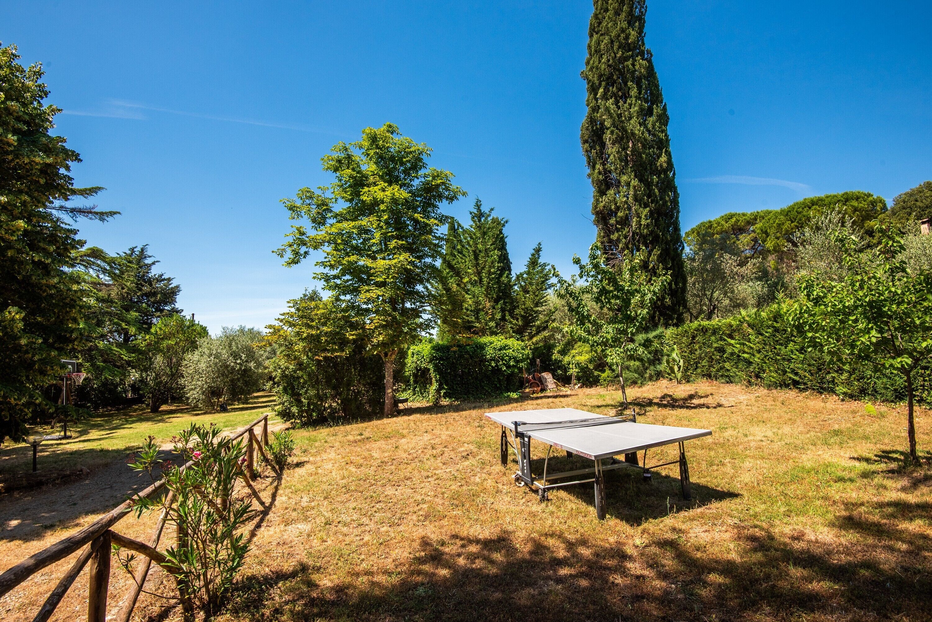 Un court de tennis avec un filet, entouré d’arbres et d’une clôture en bois.