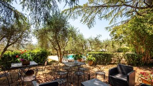 An outdoor patio area with tables and chairs, surrounded by trees and potted plants.