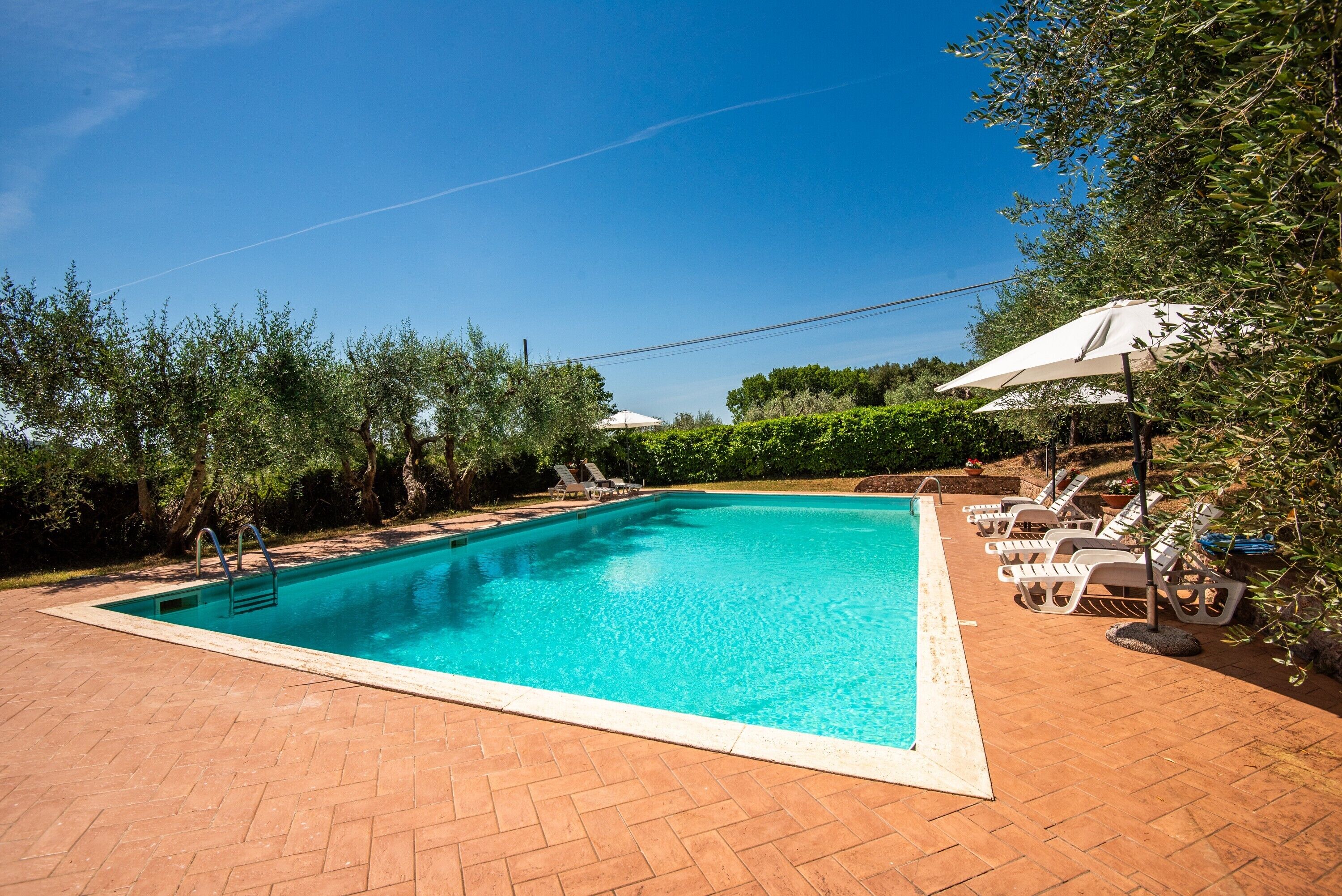A rectangular swimming pool with a tiled deck, surrounded by trees and shaded by umbrellas.