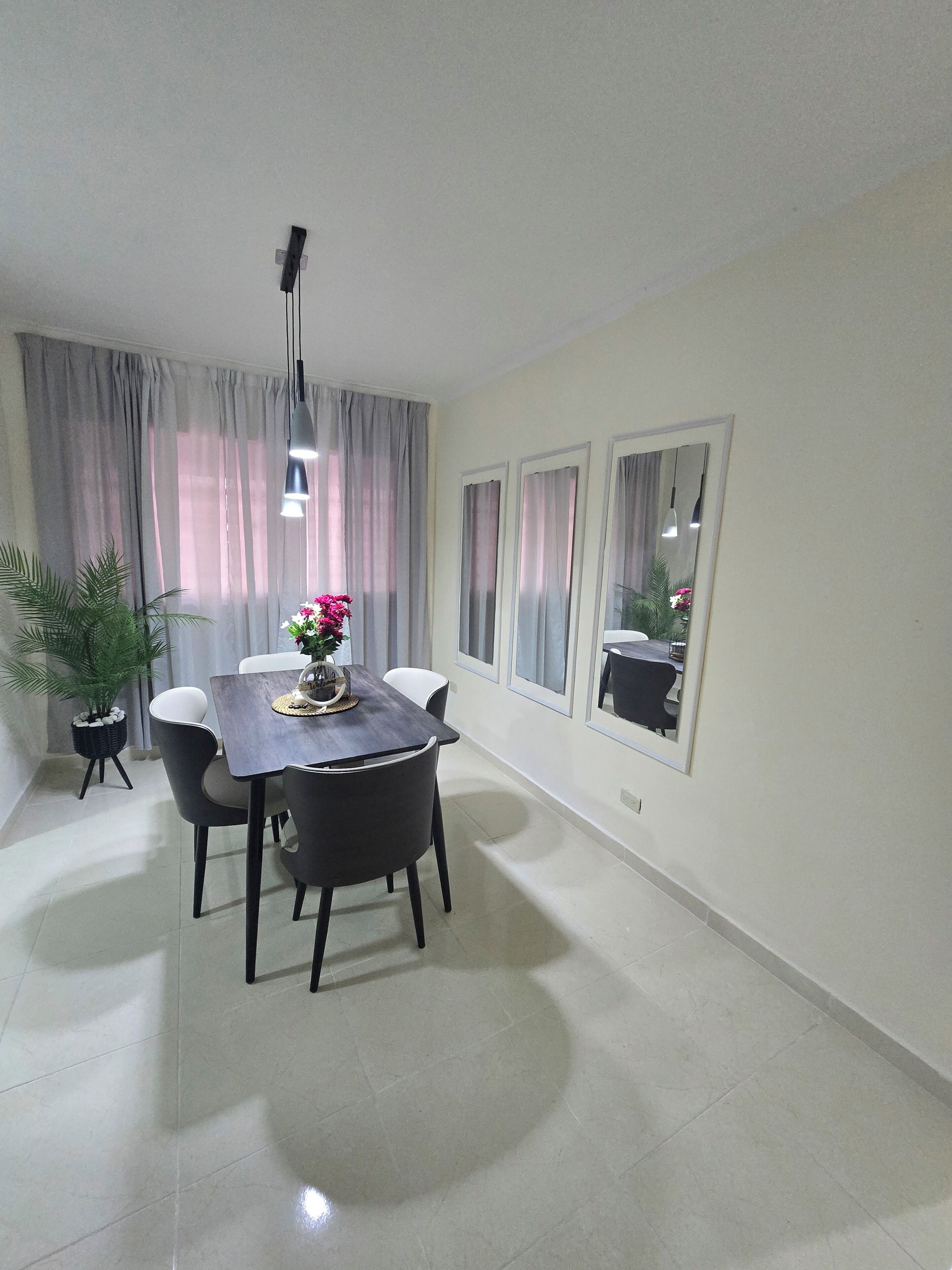 Un comedor con una mesa, sillas, una planta en maceta y un ventanal con cortinas.