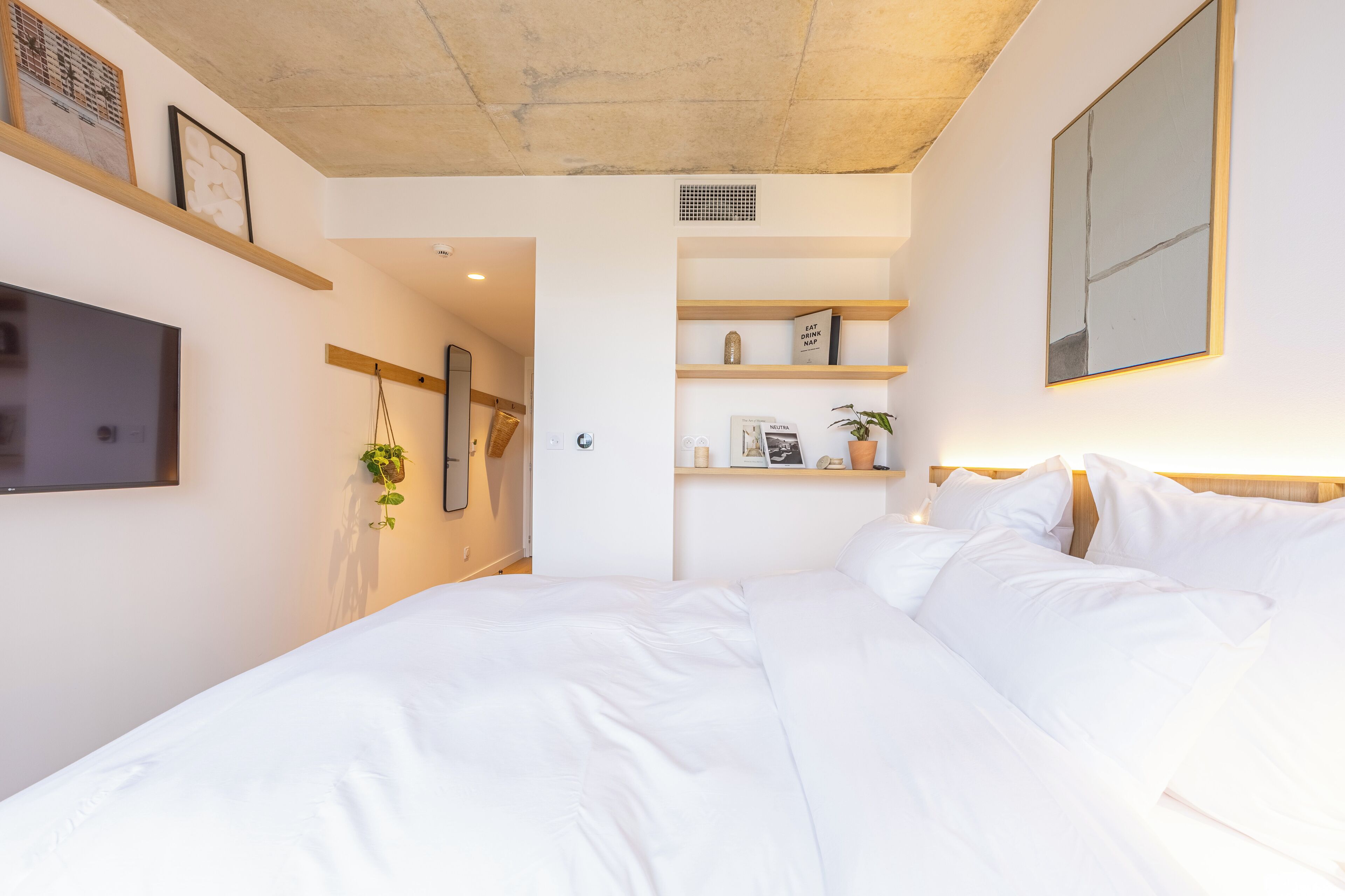 Ein modernes Schlafzimmer mit einem Bett, einem Fernseher, einer Ablage mit Dekoration und einer Pflanze.