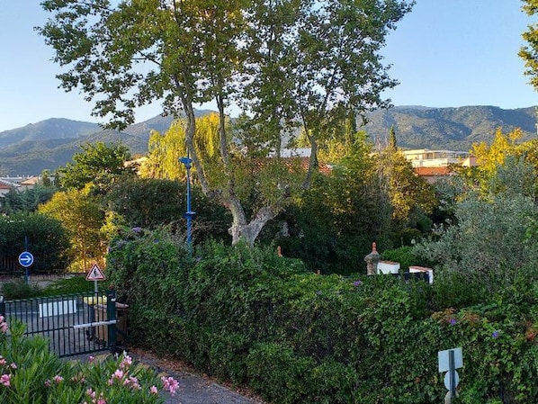 Ein Garten mit einem Weg, einem Metallzaun und einem blauen Hinweisschild.