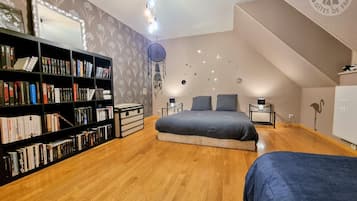 Une chambre avec un lit en mezzanine, une bibliothèque, un attrape-rêves et un radiateur.