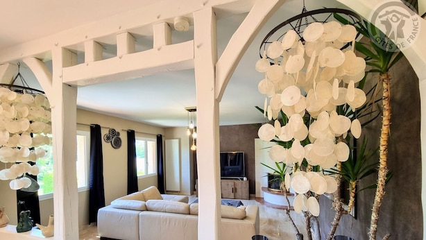 A modern living room with a white sofa, a TV, and decorative white orchids.
