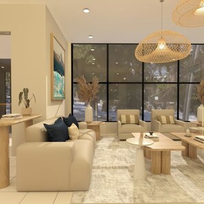 A modern living room with a sofa, armchairs, a coffee table, and a large window with a view. - Patagon Hotel (El Calafate)