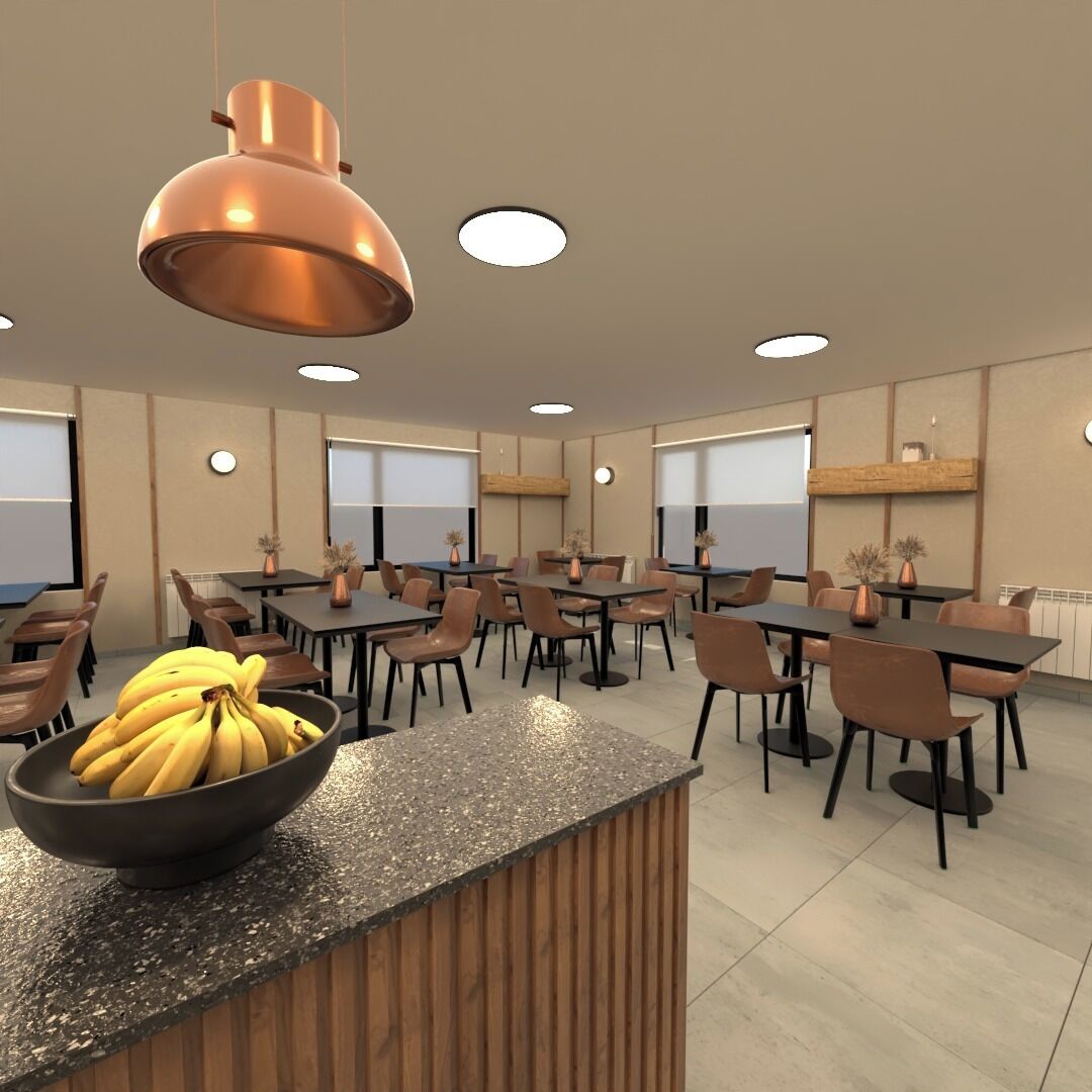 A modern dining area with multiple tables and chairs, a central counter with a bowl of bananas, and pendant lighting.