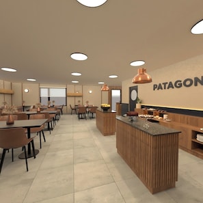 Interior moderno de restaurante con barra de madera central, varias mesas de comedor e iluminación colgante.