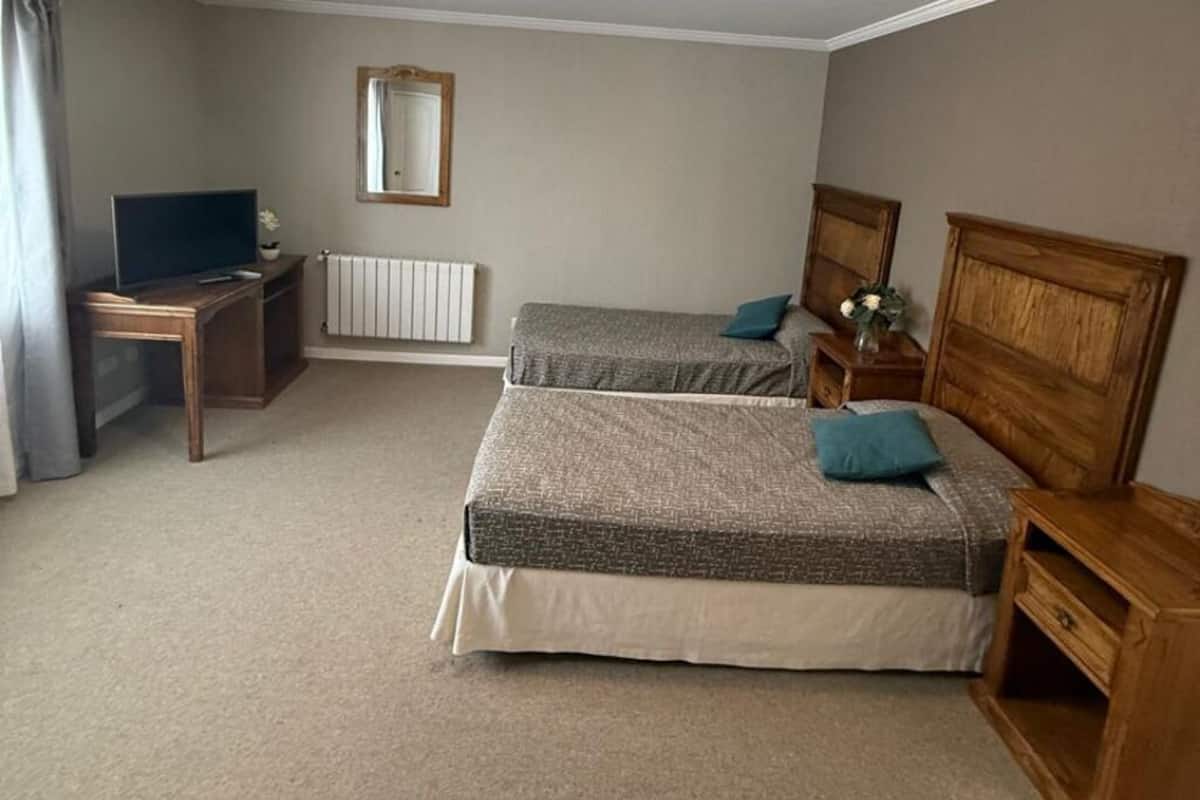 A bedroom with two beds, a desk, a television, and a radiator.
