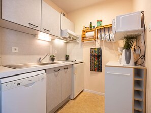 Eine kleine Küche mit Geschirrspüler, Spüle und Mikrowelle. Ücht Blumentöpfen und einem Regal mit Geschirr.
