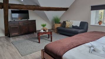 Une chambre à coucher comprenant un lit, un canapé, une télévision, une armoire en bois, une petite table et une fenêtre avec une plante.