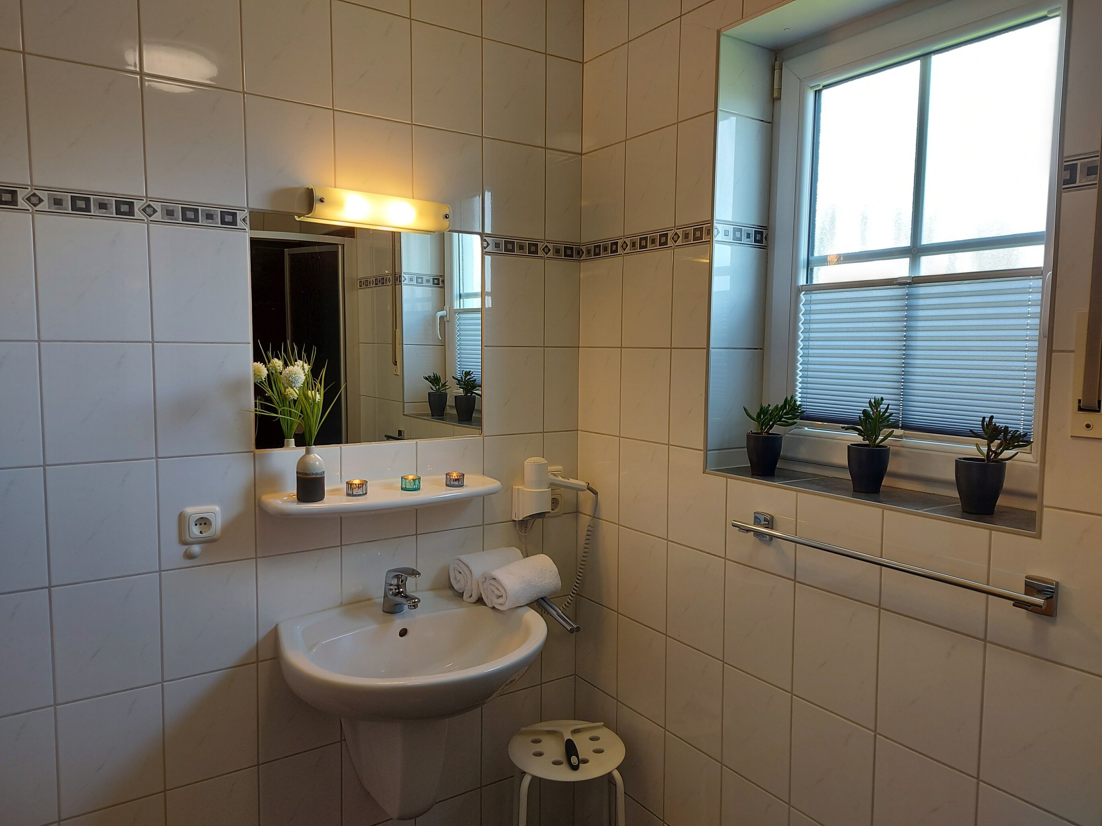A bathroom with a sink, mirror, towel rack, and potted plants.
