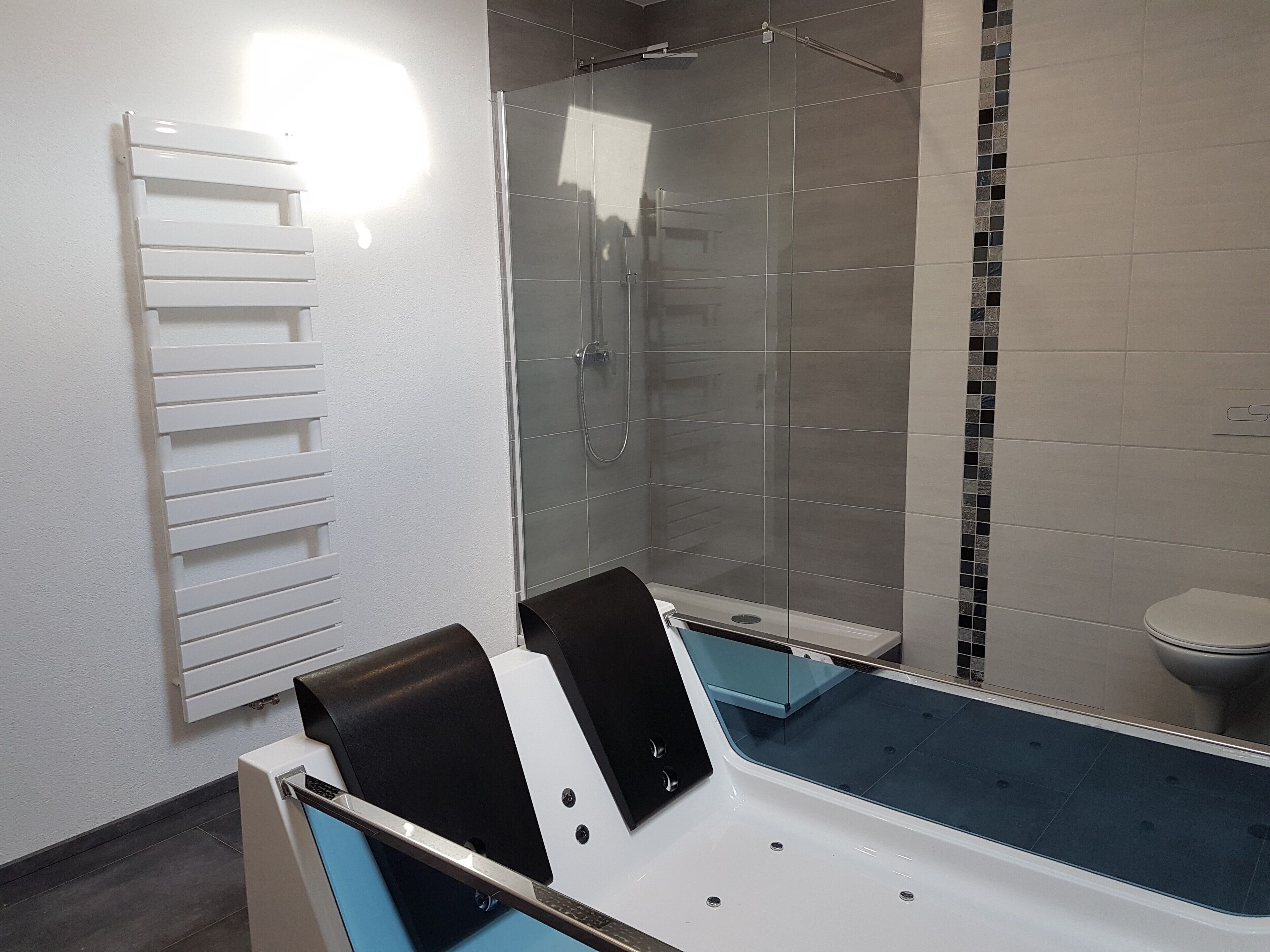 Une salle de bain moderne avec une douche à parois de verre, une baignoire blanche et des toilettes.