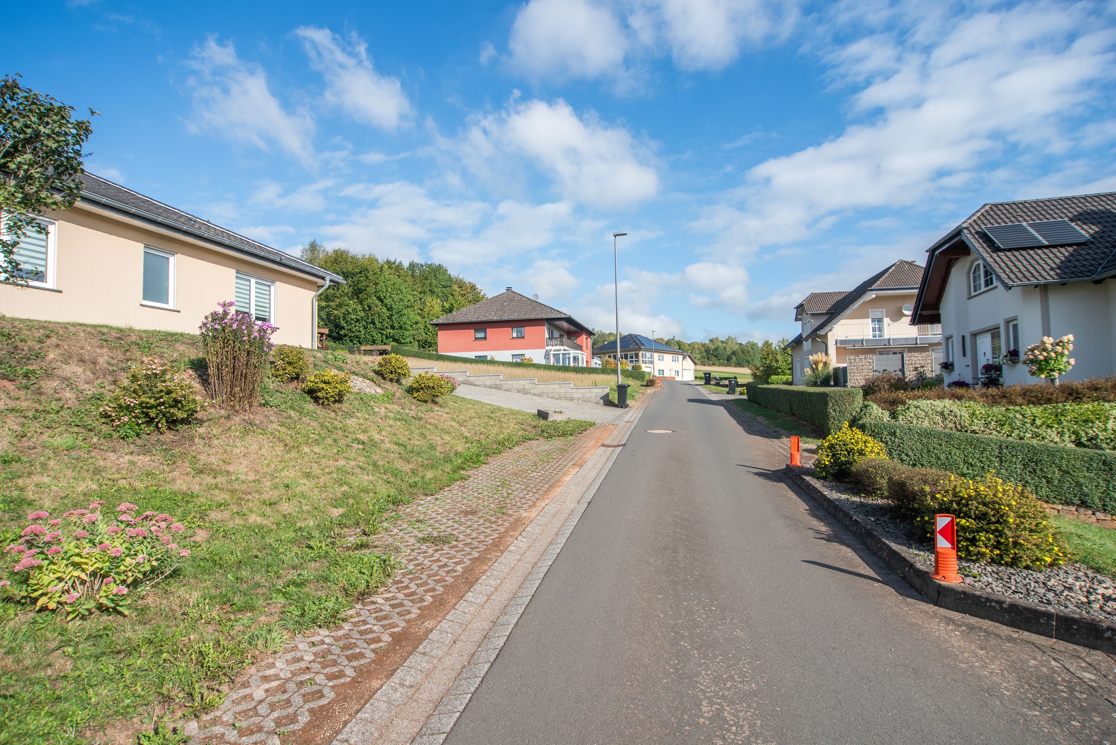 A residential street with houses, a paved road, and a clear sky.