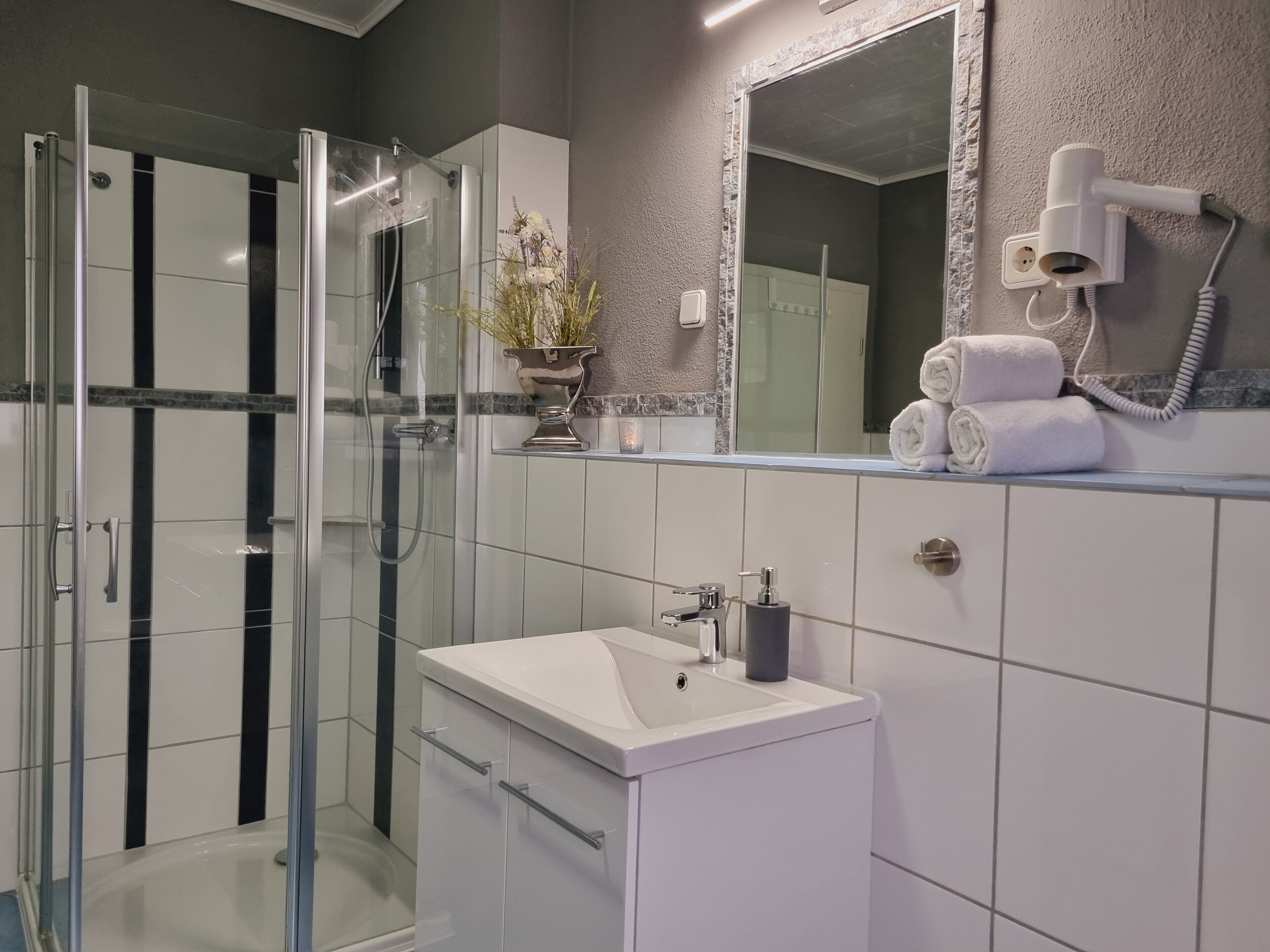 Shower, hair dryer, towels