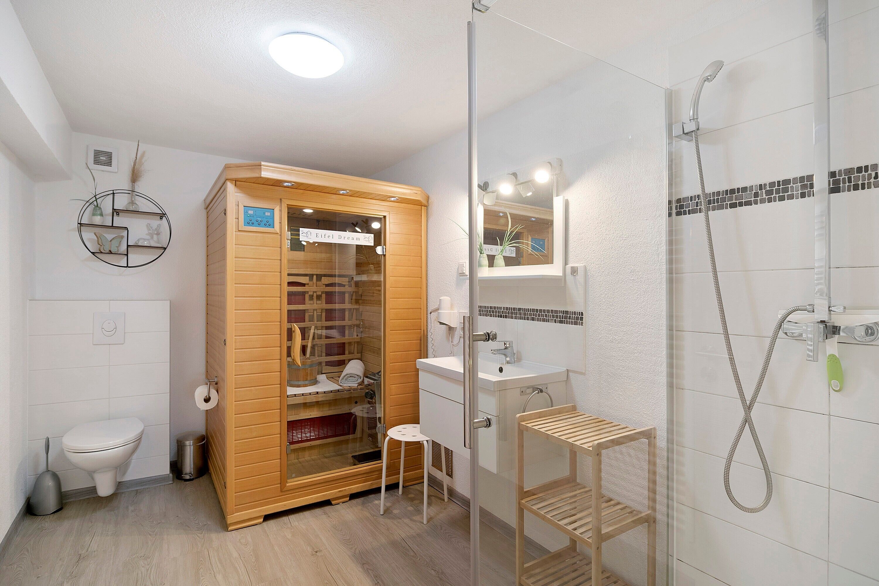 Un bagno con un armadietto in legno, un WC, un lavandino, un box doccia e uno specchio.