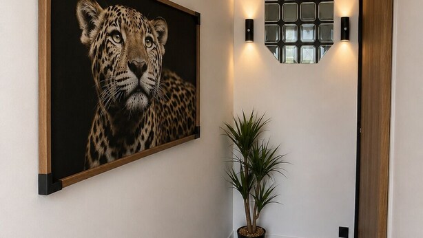 Een gang met een groot ingelijst beeld van een luipaard, een potplant en een wandlamp.