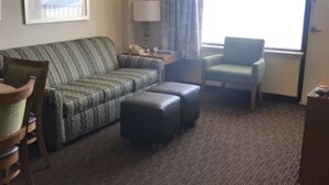 A hotel room with a sofa, ottoman, chair, lamp, and a large window. - Barclay Towers Suites 1442M (Virginia Beach)