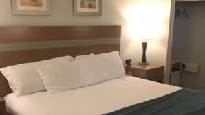 A hotel room with a bed, two framed pictures on the wall, a bedside lamp, and a wardrobe. - Barclay Towers Suites 1442M (Virginia Beach)