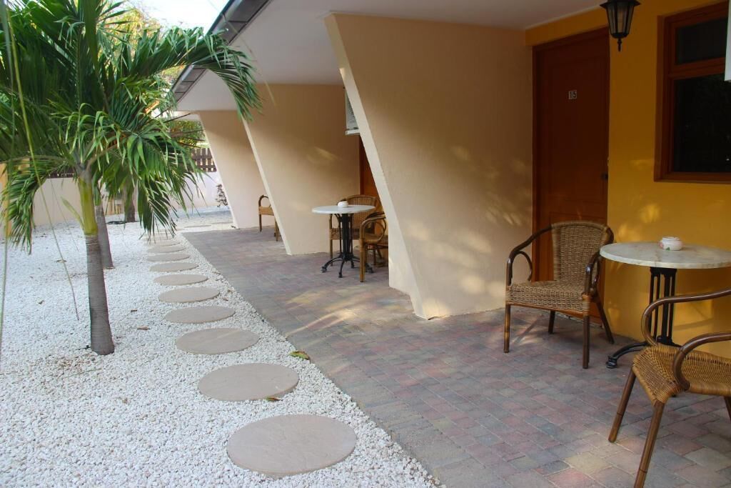 A patio area with a palm tree, round stepping stones, wicker chairs, and a yellow wall.