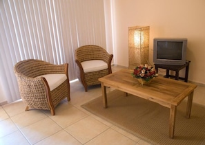 Una habitación con dos sillones de mimbre, una mesa de madera, un televisor y un jarrón decorativo.